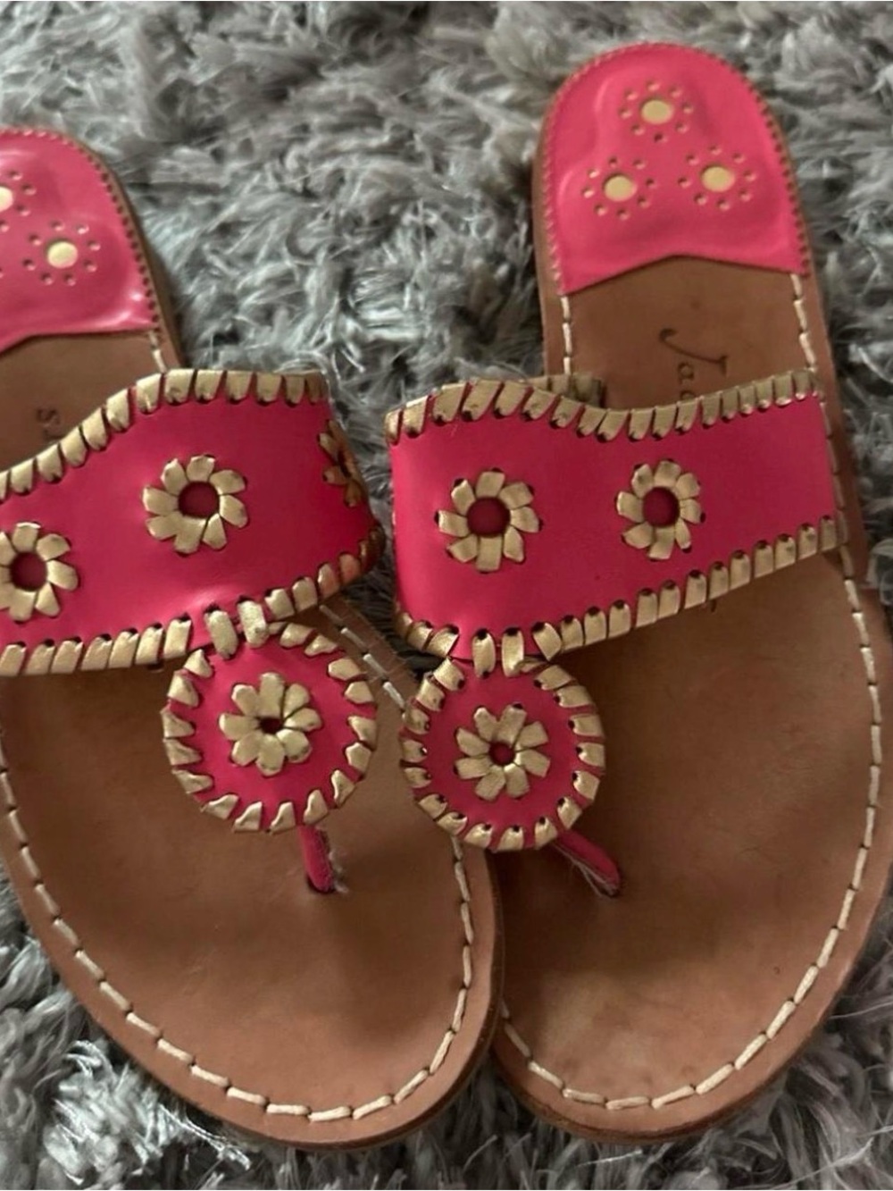 Jack Rogers Pink Leather Floral Thong Sandals with Gold Accents